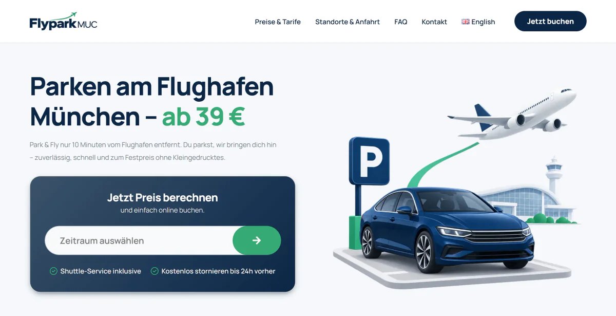 Website von flypark-muc.de – Parken am Flughafen München