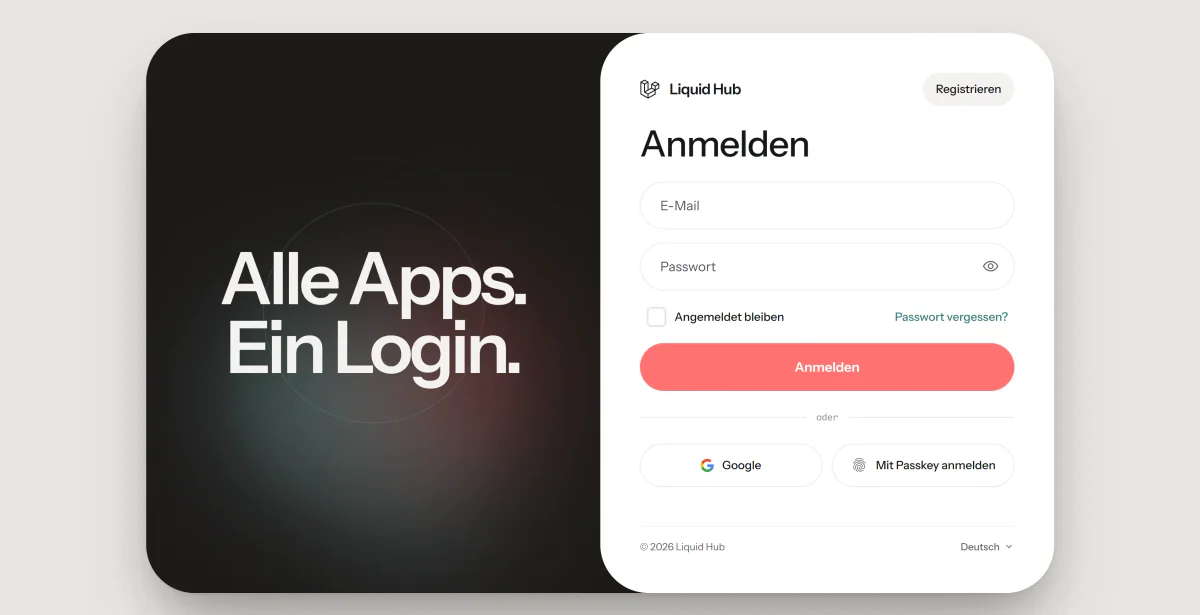 LiquidHub-Anmeldeseite mit dem Schriftzug Alle Apps. Ein Login.
